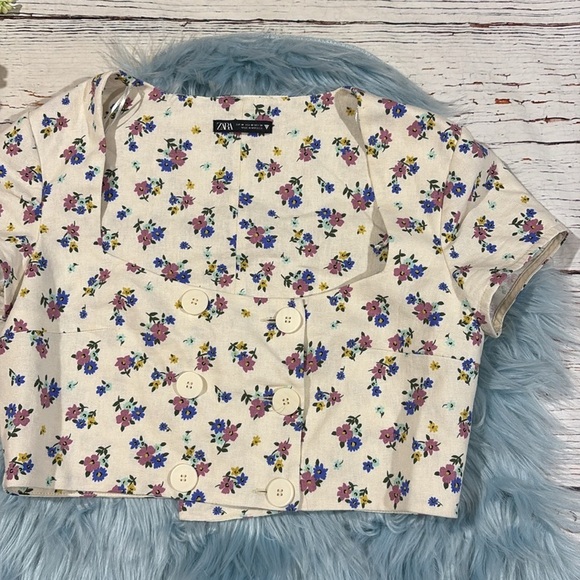 Zara Linen Blend Floral Crop Button Square Neck Top - Picture 4 of 7
